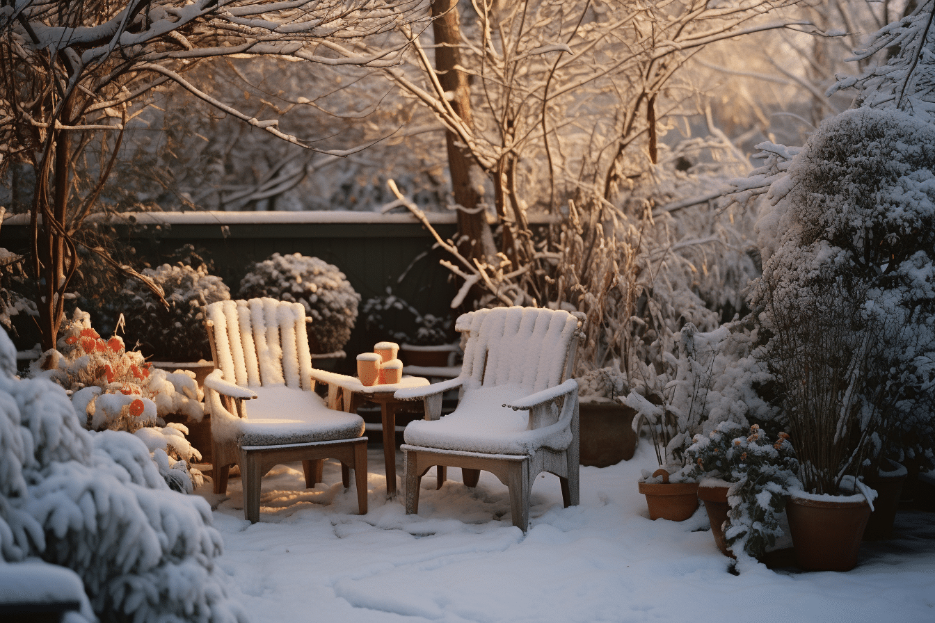 Two chairs covered in snow in a winter garden showing the need for winter home care tips.