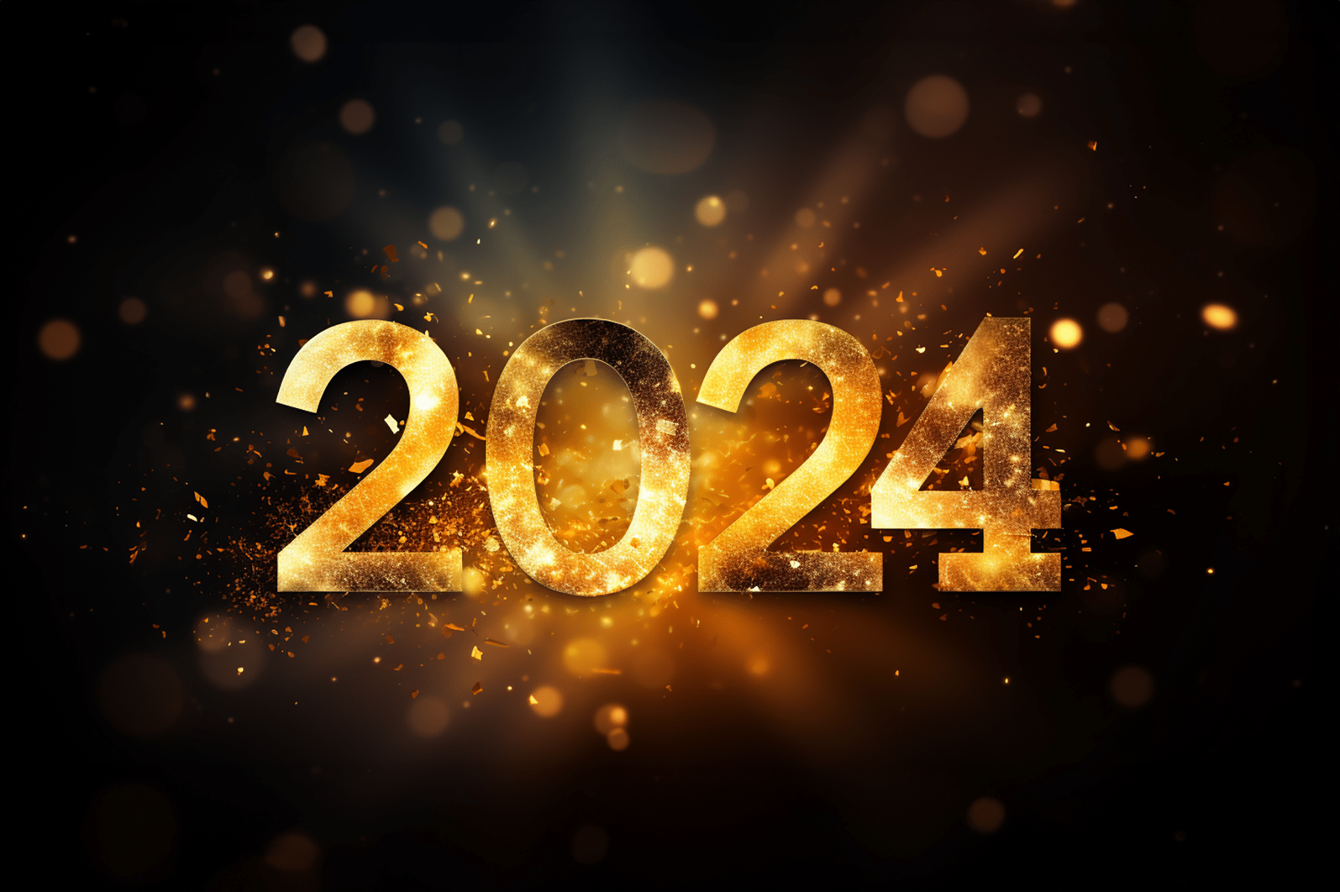 A golden happy new year 2024 number on a black background.