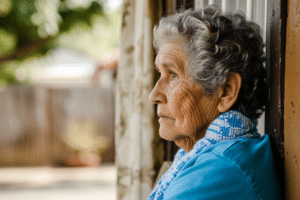 An elderly woman is peacefully looking out of a window, embracing the concept of aging in place.
