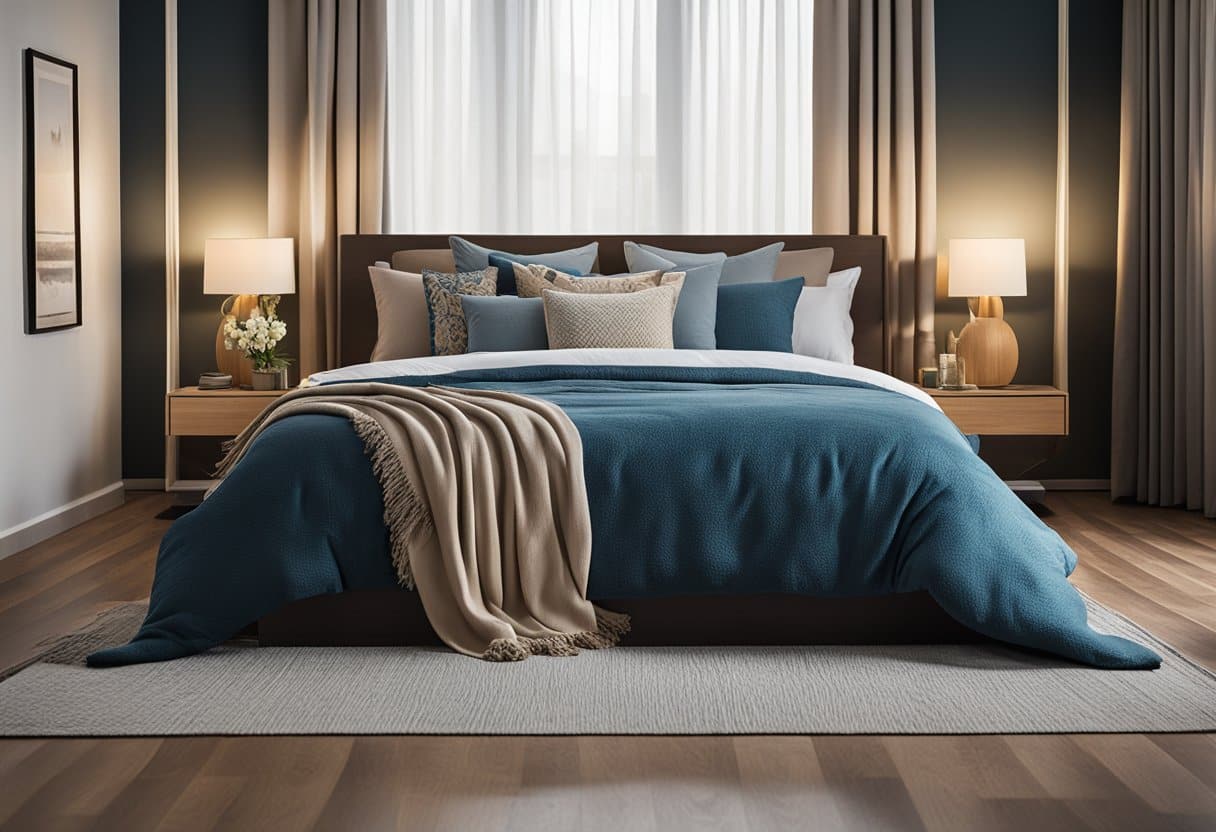A bedroom staging with a blue comforter and wooden floors.