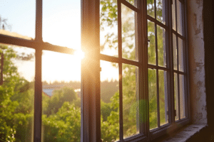 The sun is shining through a window in an old building, showcasing the benefits of energy efficient windows.