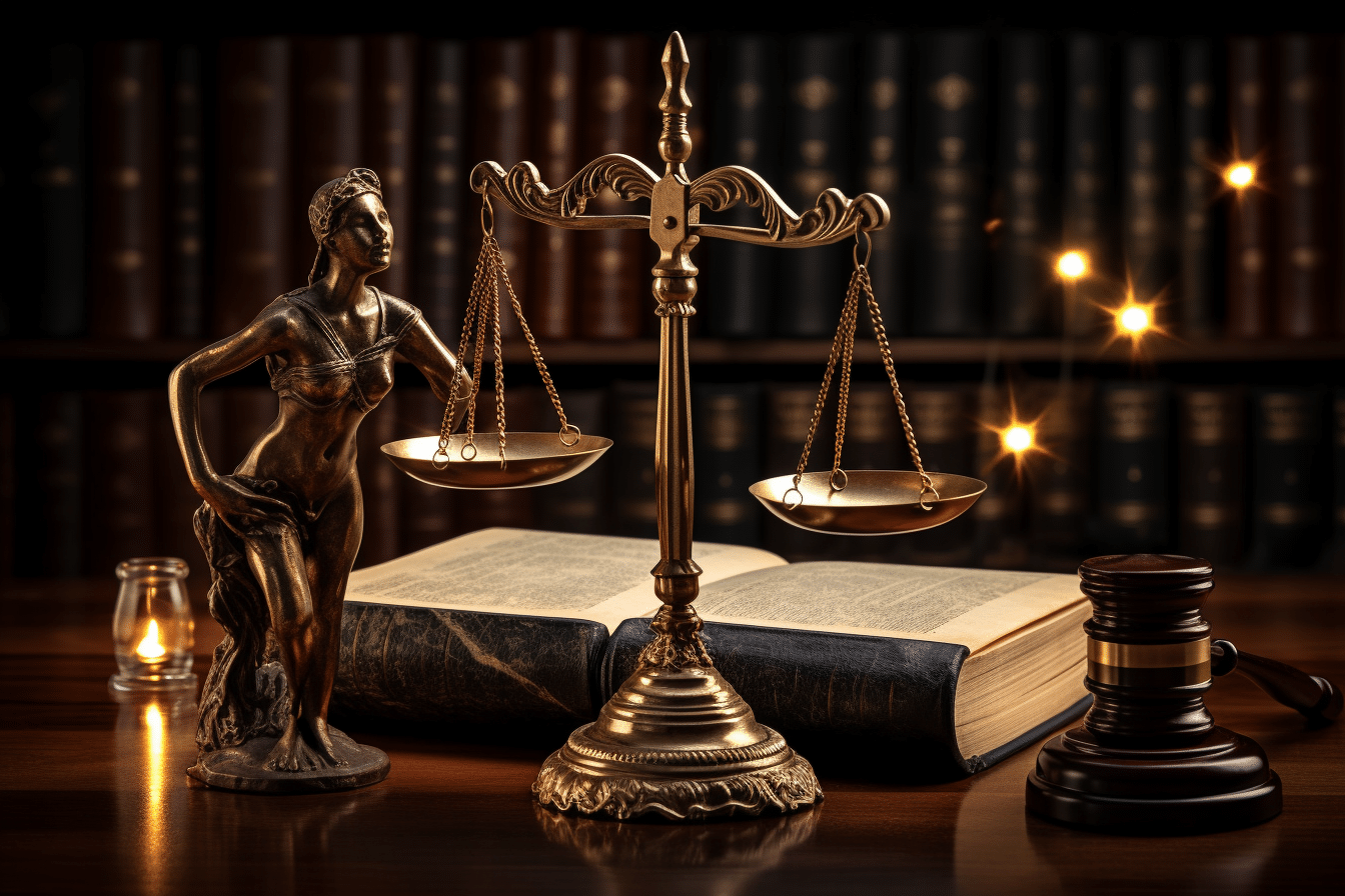 A statue of justice and a book on a table prominently symbolize fairness, equity, and legal principles.