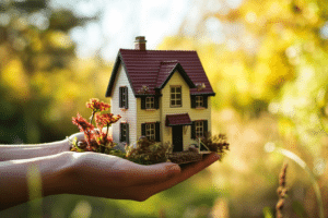 A woman's hand choosing a mortgage lender with a miniature house.