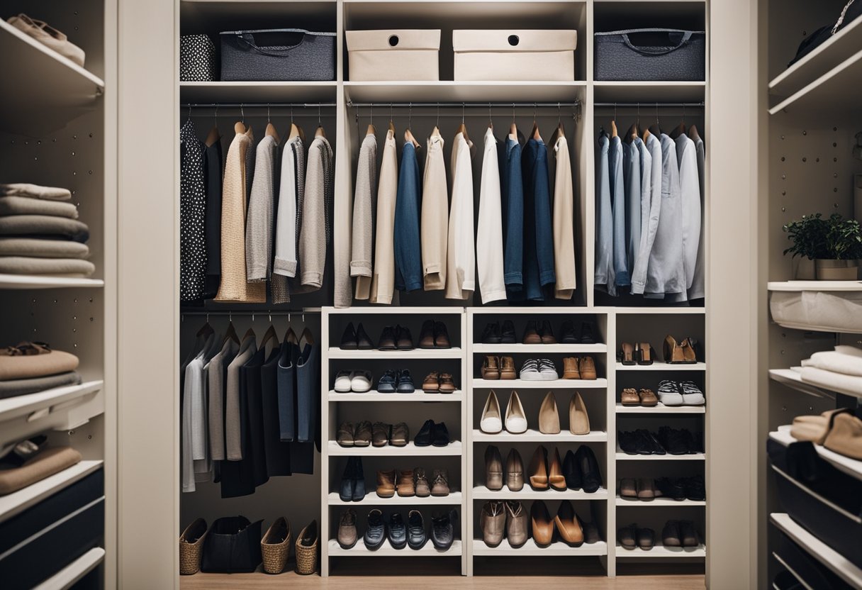 A neatly organized walk-in closet filled with a vast collection of fashionable clothes and numerous pairs of shoes showing closet organization tips.