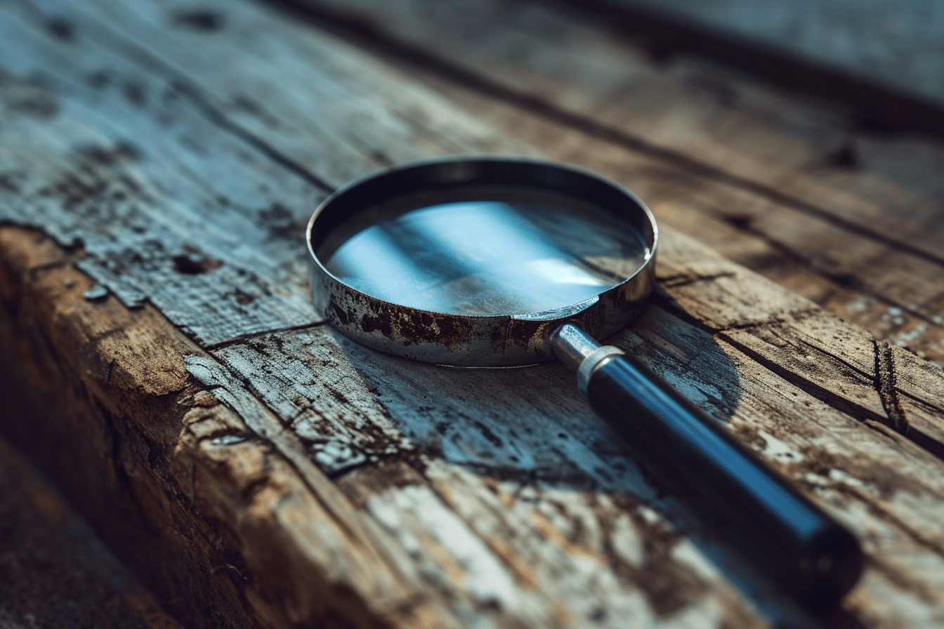 A magnifying glass rests on a wooden surface with peeling paint. Just one of the common issues found in home inspections.