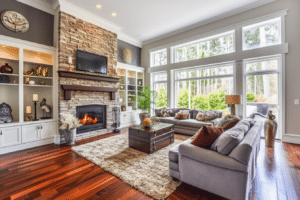 Cost of Preparing Home For Sale: A cozy living room complete with hardwood floors and a charming stone fireplace, perfect for creating a warm and inviting atmosphere.
