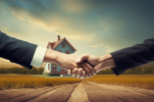 Two men shaking hands after after agreeing to a counteroffer in real estate.