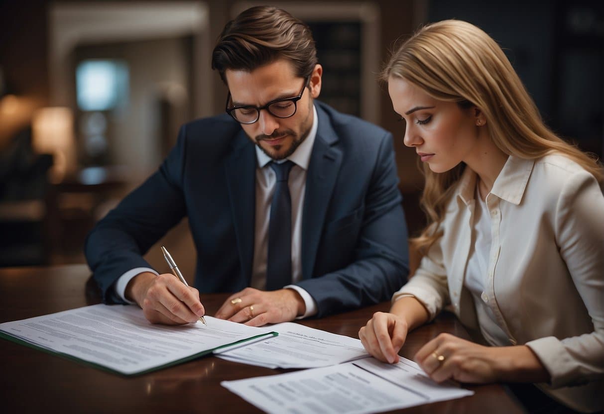 A mortgage lender and client diligently signing documents at a table, discussing the difference between pre-approval and pre-qualification.