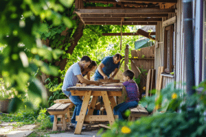 A family is working on a DIY outdoor home improvement projects at a wooden table in their backyard.