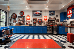 A black and white checkered floor highlights DIY staging tips for garages.