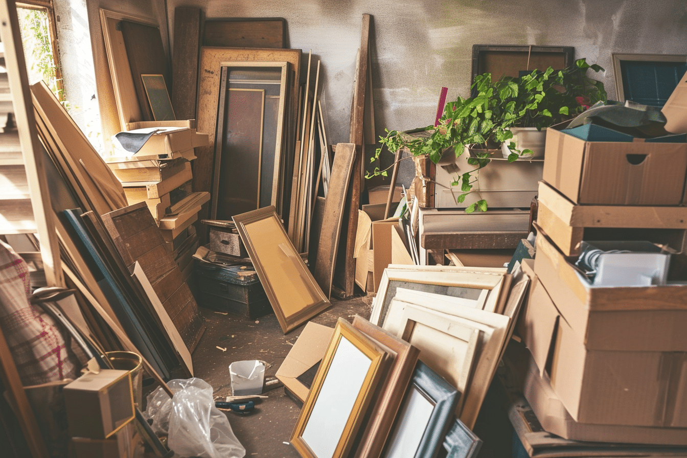 A room full of frames and boxes.