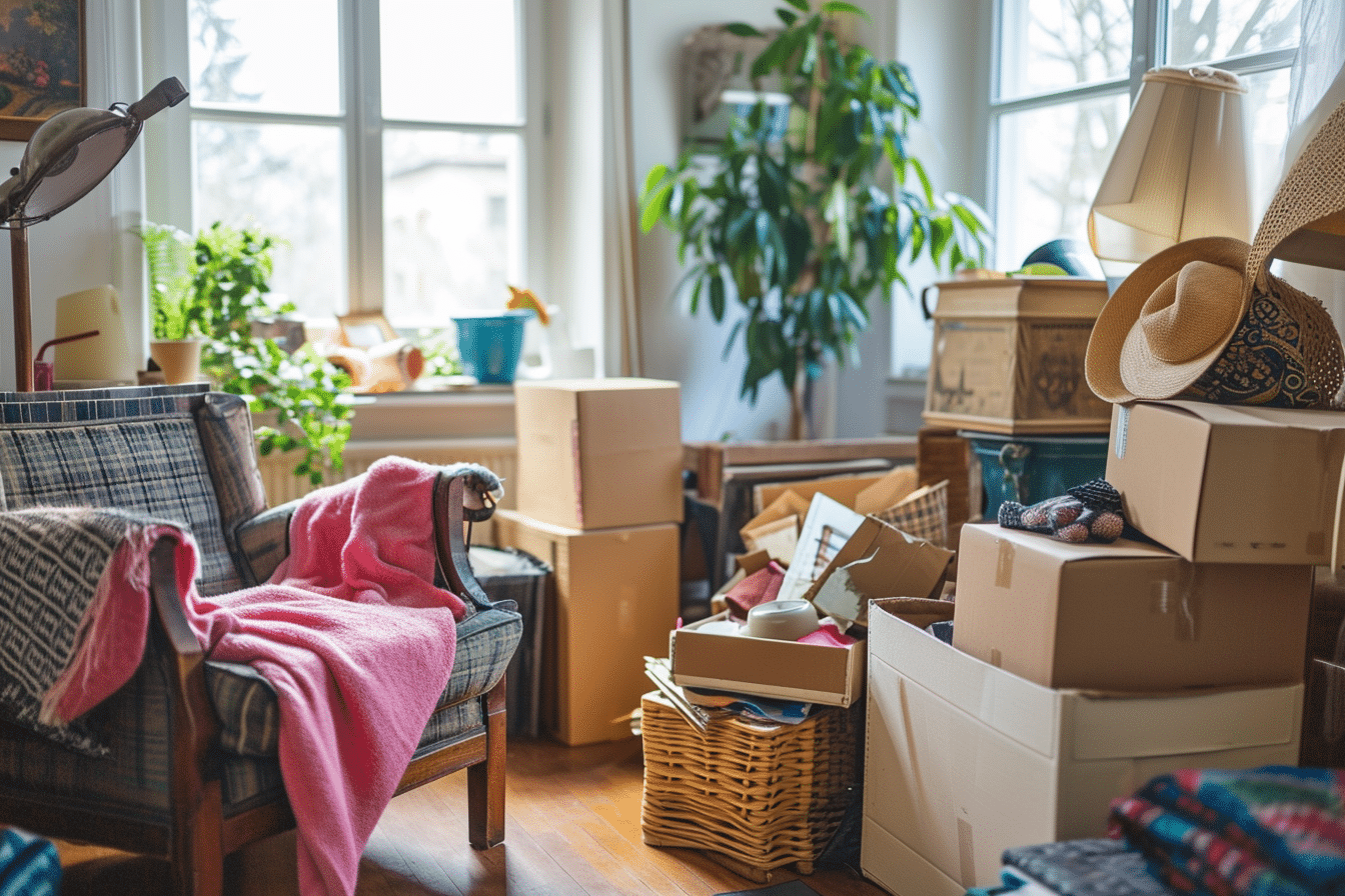 A room full of boxes and furniture needing downsizing and decluttering.