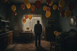 A man standing in a room filled with balloons, experiencing the emotional aspect of downsizing.