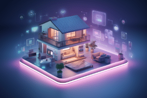 An isometric image of a house with energy saving smart home devices on it.