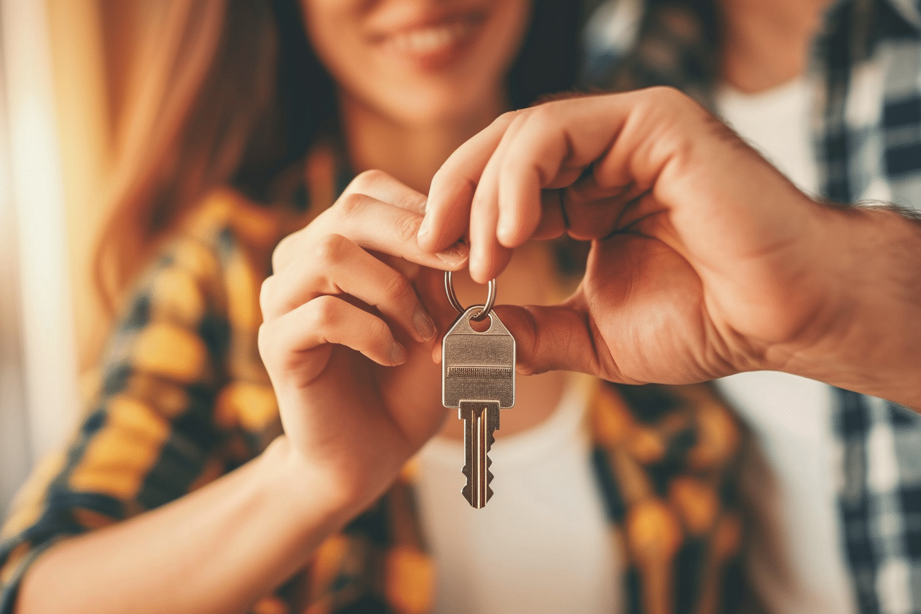 A first-time buyer couple holding a key to their new home.