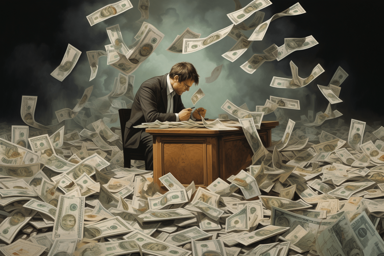 A man sitting at a desk in front of a pile of money, contemplating hidden costs in mortgages.