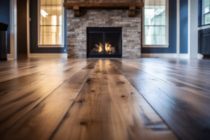 A living room with new hardwood floors and a fireplace, a great project for home improvement for resale.