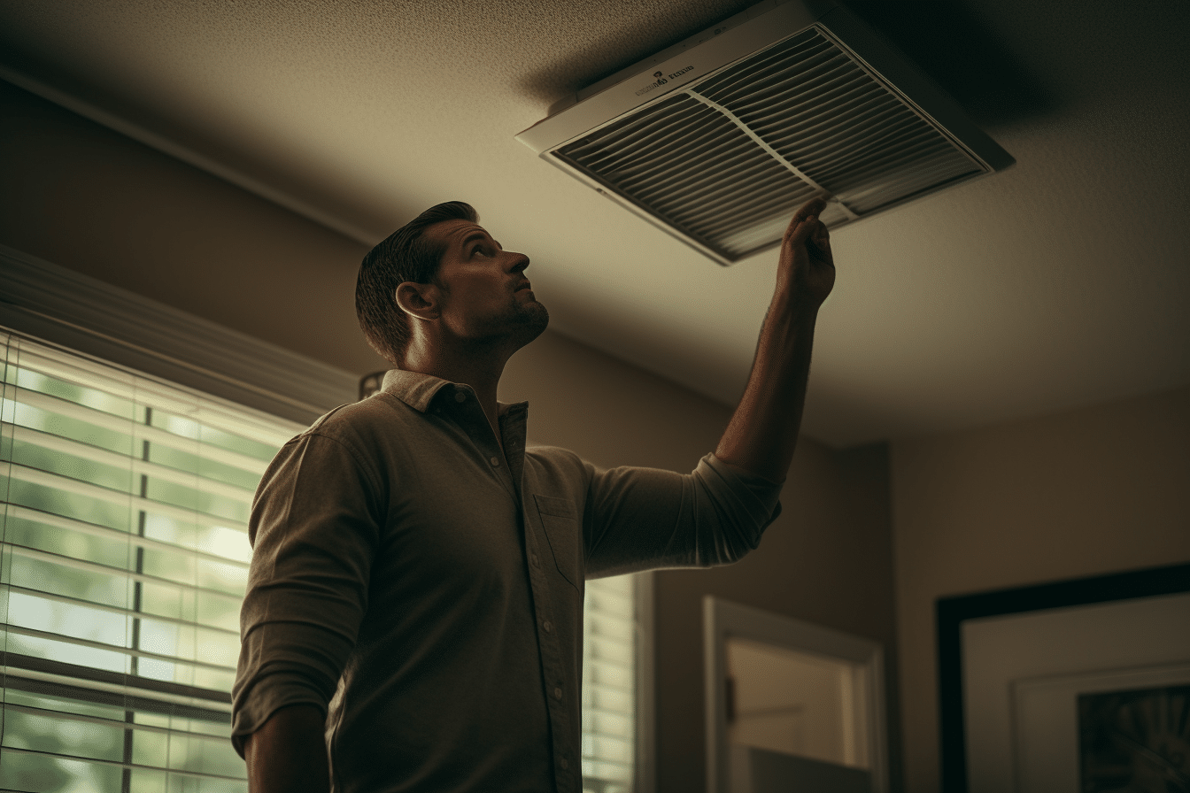A man performing a home repair task by changing and air filter in a room.