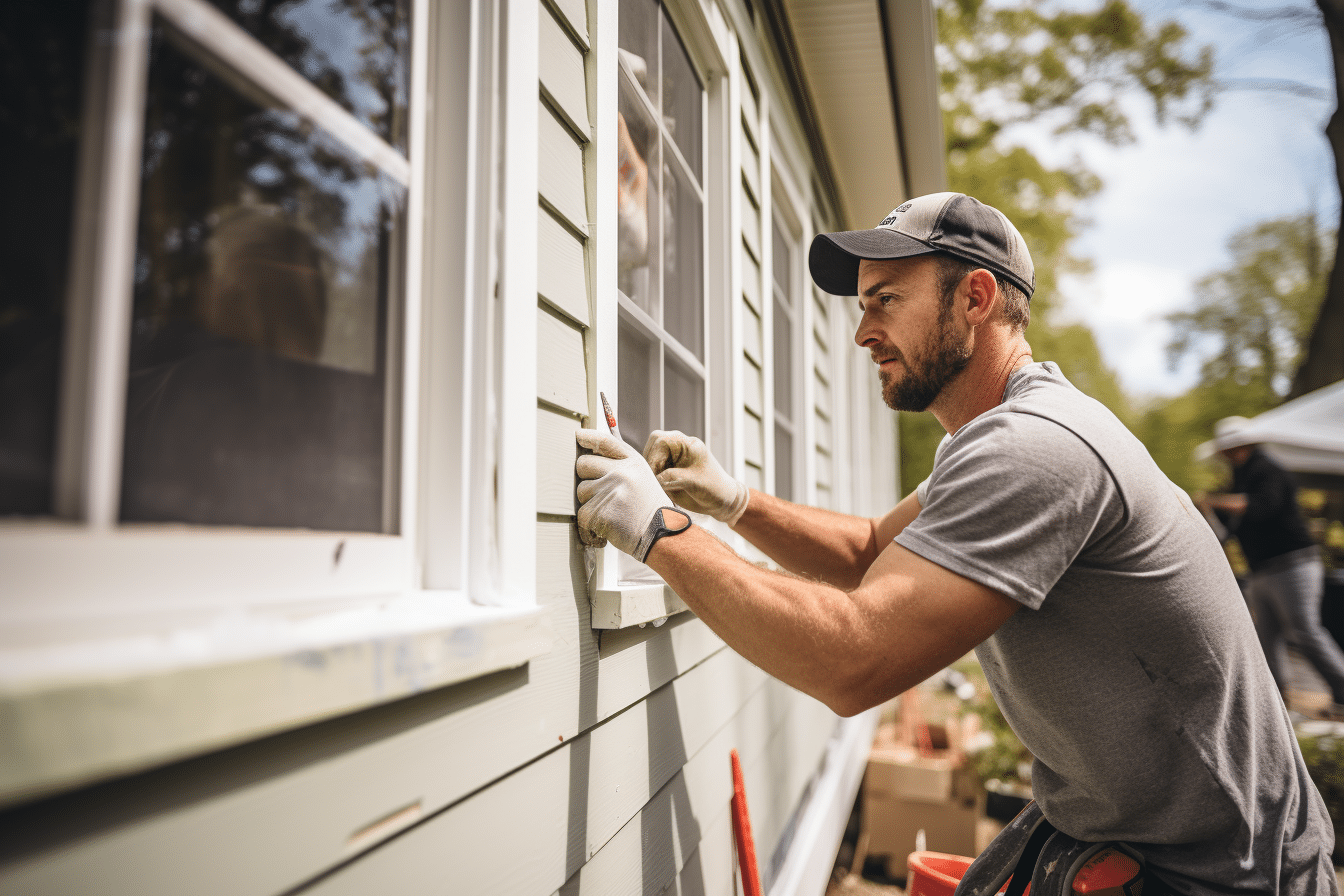 A man is performing home repair tasks by painting a house with a brush.