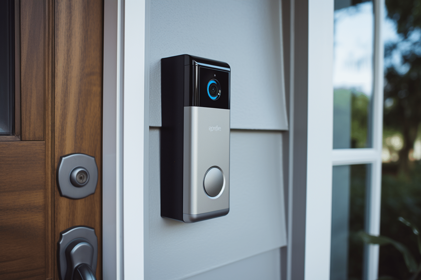 A video doorbell is attached to the door of a house, improving home security.