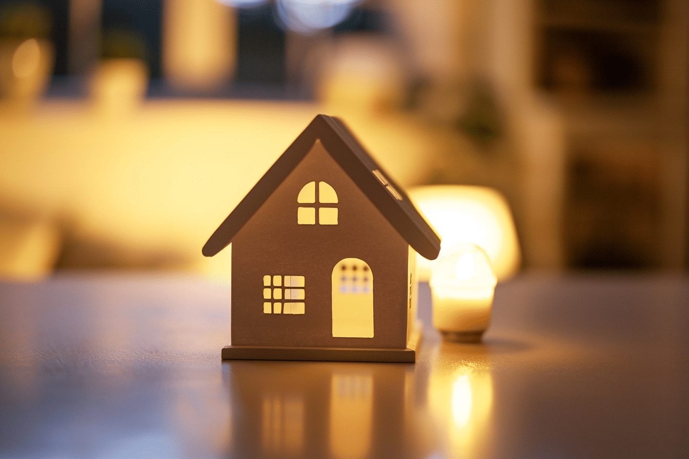 A small house with carefully placed candles on a table, considering home safety measures.
