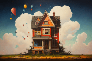 A stunning painting of a house adorned with colorful balloons drifting across the sky depicting preparing for the closing process as a seller.