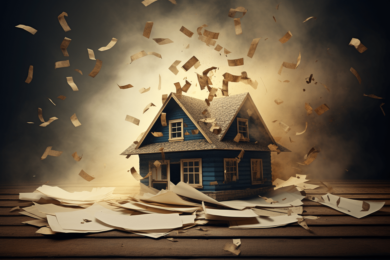 A house preparing for the closing process as a seller, with papers flying out of it.