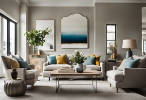 A visually appealing living room with gray furniture and blue accents, designed with home staging color schemes in mind.
