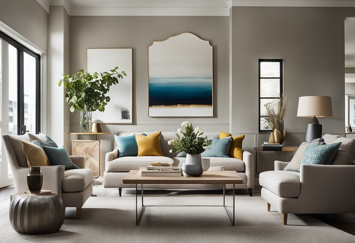 A visually appealing living room with gray furniture and blue accents, designed with home staging color schemes in mind.