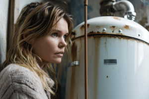 A woman is standing next to a rusty water heater, contemplating possible home warranty claims.