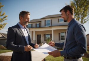 Two men standing in front of a house, discussing how to buy new construction home.