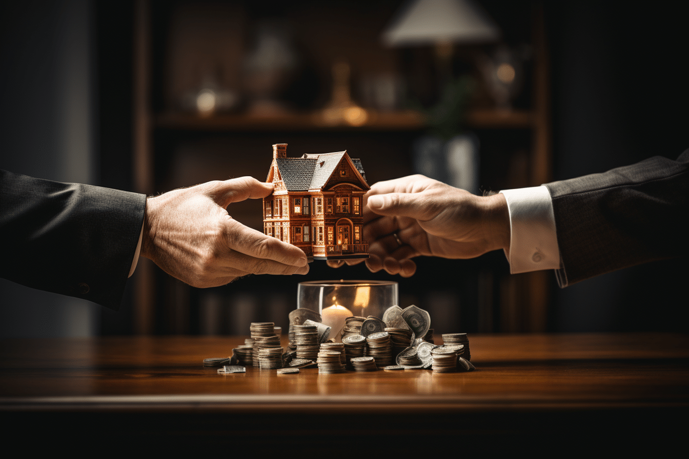 Two hands holding a model of a house in front of a pile of money, representing how to negotiate a house price.