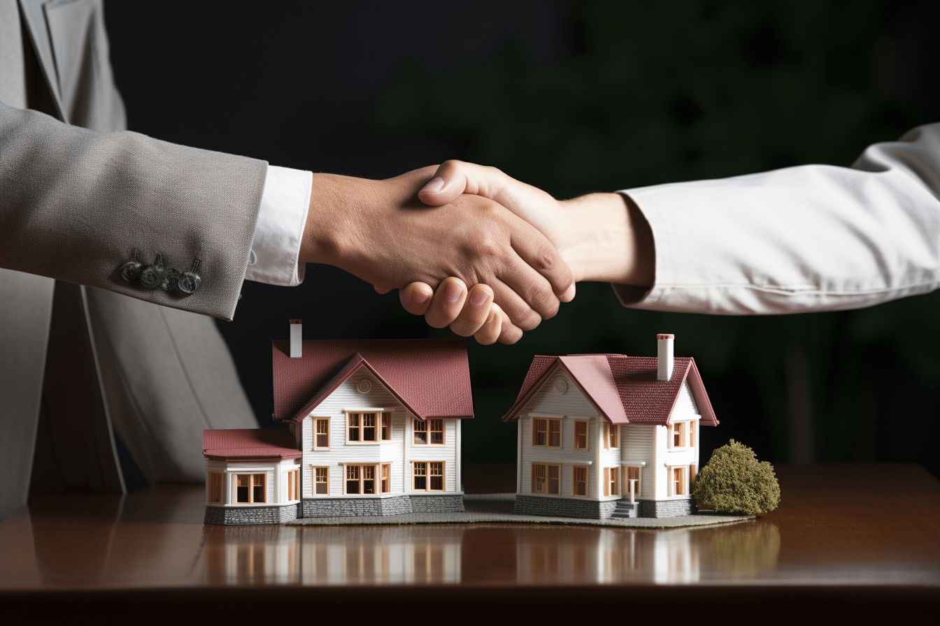 Two people shaking hands after learning how to negotiate contingencies in front of a model house.