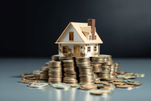 A small house on top of a pile of coins, symbolizing financial stability and the potential to meet income requirements for mortgages.