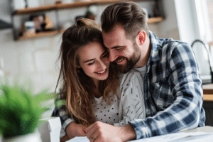 A young couple strategically analyzing a their credit report at the kitchen table learning about improving credit for mortgage approval.