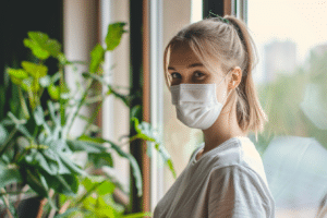 A young woman wearing a surgical mask indoors, standing in front of a window worried about indoor air quality.