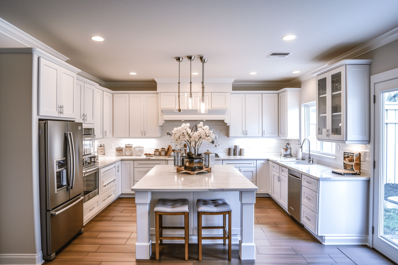 A kitchen with white cabinets and a center island, perfect kitchen staging.