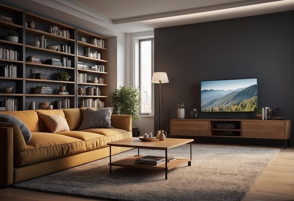 A living room with a TV and bookshelves is one example of living room furniture arrangement.