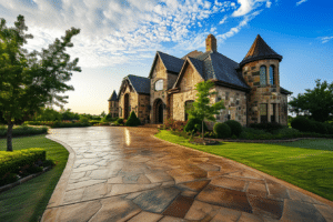 A large stone driveway leading to a luxury house. What are the luxury home prices in Oklahoma?