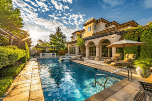 A luxury swimming pool in the backyard of a home, perfect for luxury real estate marketing.