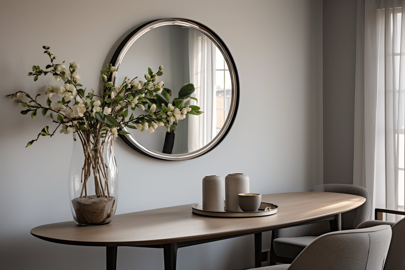 A round mirror shows mirrors for small space staging in a dining room.