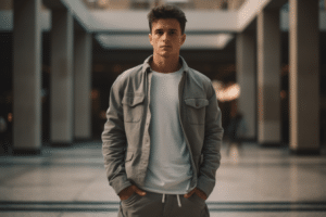 A young man in a gray jacket standing in a building, seeking mortgage tips for low-income individuals.