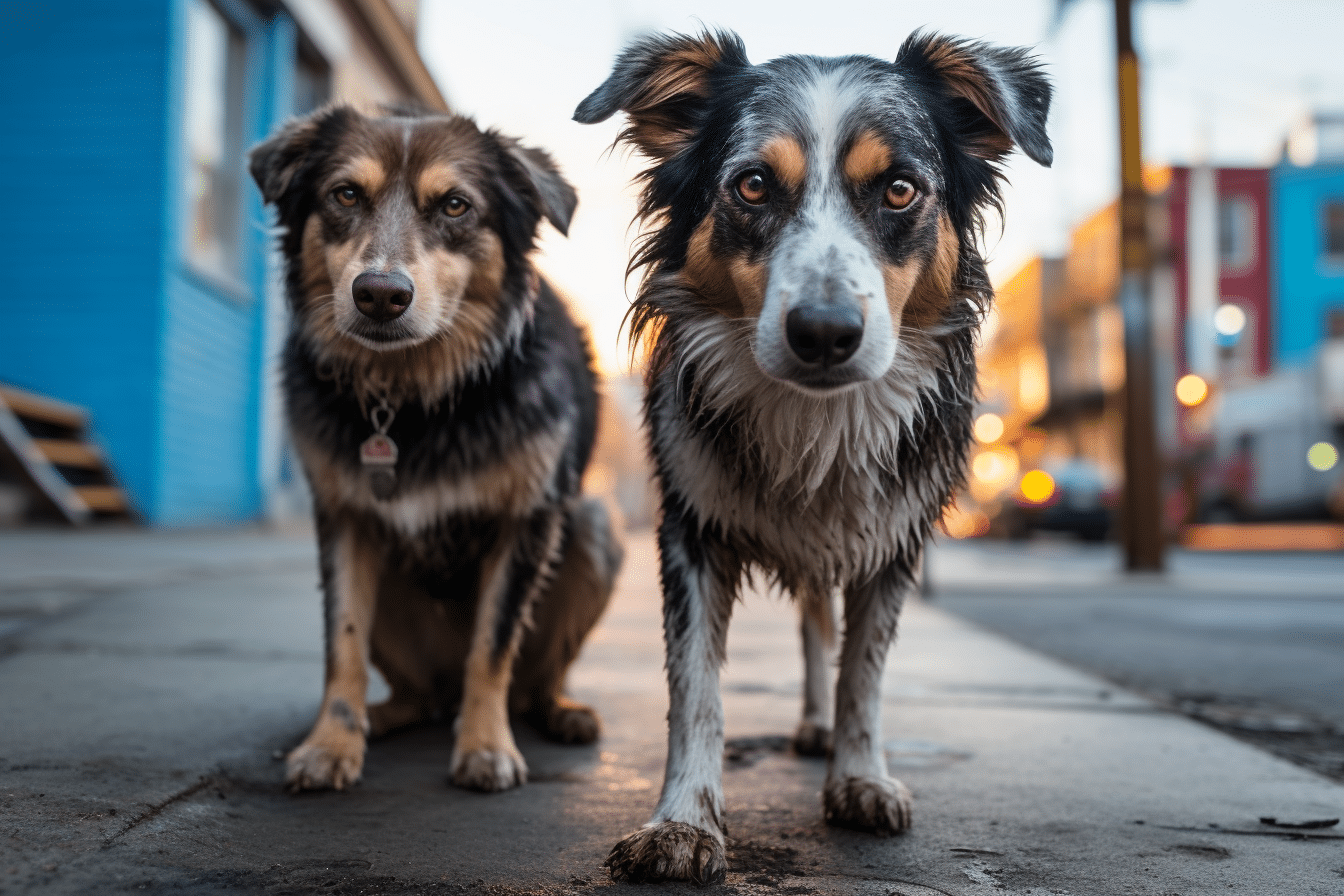 Two dogs standing on a sidewalk in front of a building while moving with pets.
