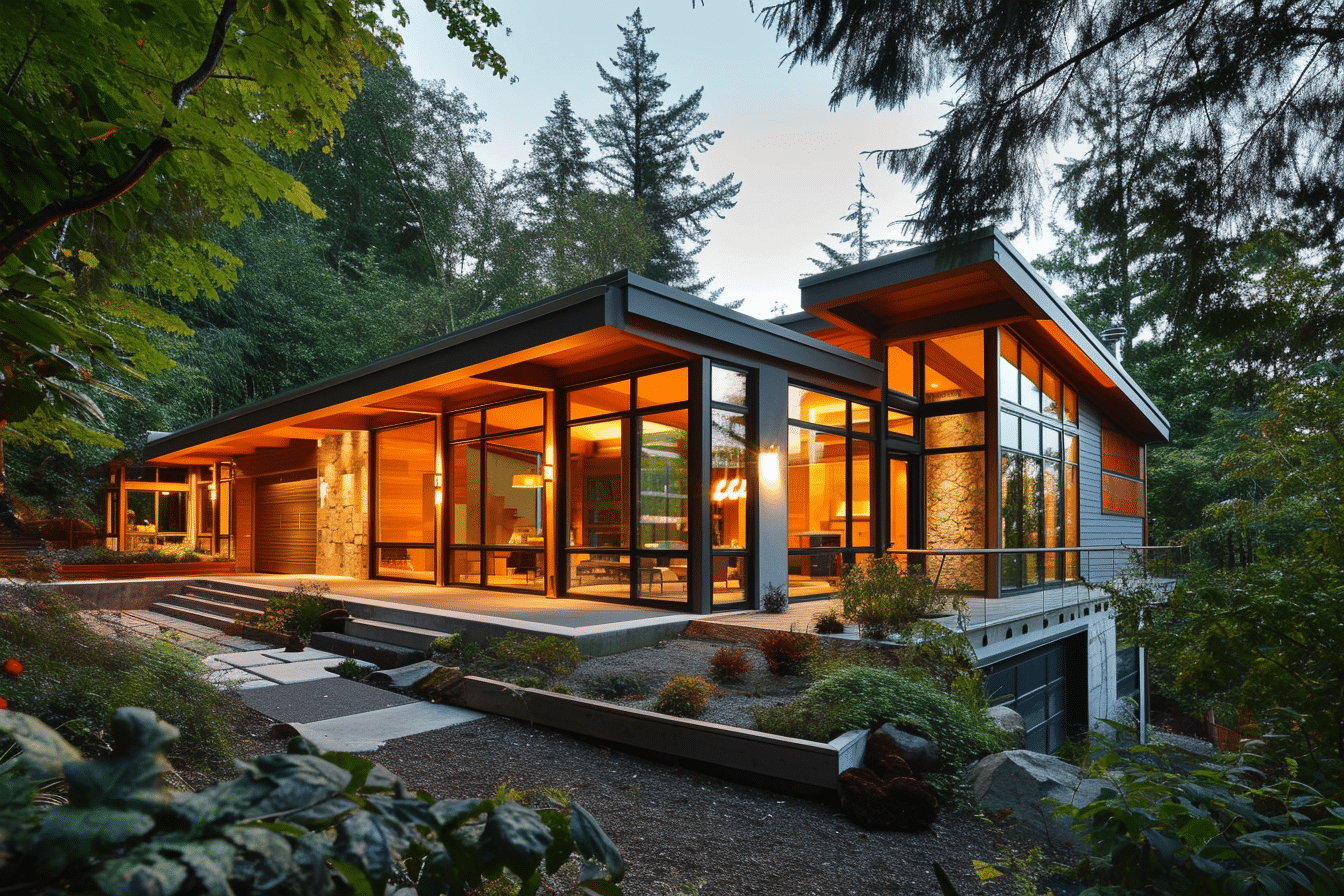 Net-zero homes in the woods with glass windows.