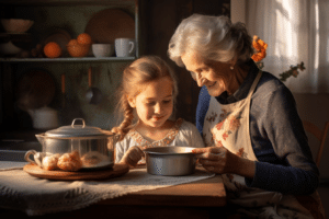 A grandmother and her granddaughter are cooking in the kitchen, enjoying some quality time together. She is staying in her home thanks to an Oklahoma Family Opportunity Mortgage.