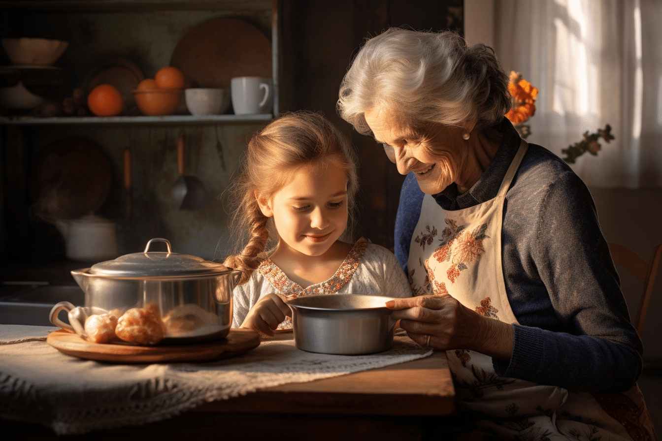 A grandmother and her granddaughter are cooking in the kitchen, enjoying some quality time together. She is staying in her home thanks to an Oklahoma Family Opportunity Mortgage.