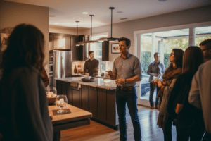 A group of people practicing open house etiquette for buyers while standing around a kitchen during open house.