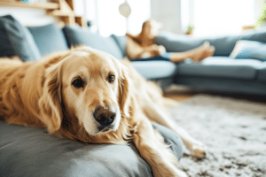A golden retriever laying on a couch in a cozy living room enjoying pet-friendly home tips.