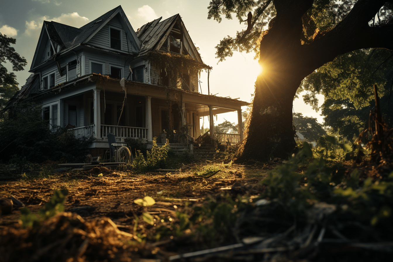 A charming old house in the woods at sunset, offering great potential for a property flipping guide