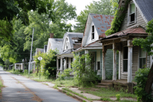 A row of houses with deferred maintenance on a street - pros and cons of buying foreclosures.